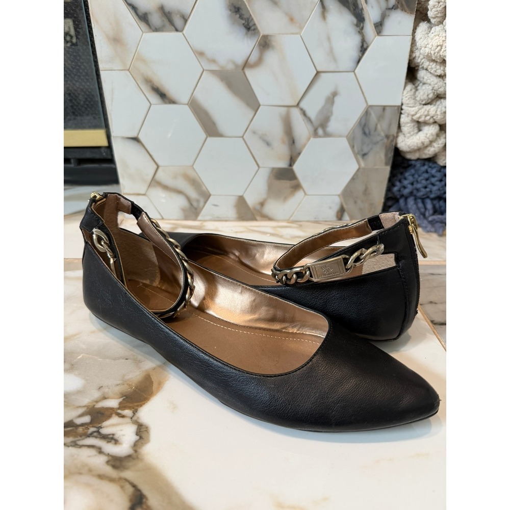 BCBGeneration Zayden Flats Women 9.5 Black Gold Chain Ankle Strap Pointed Toe